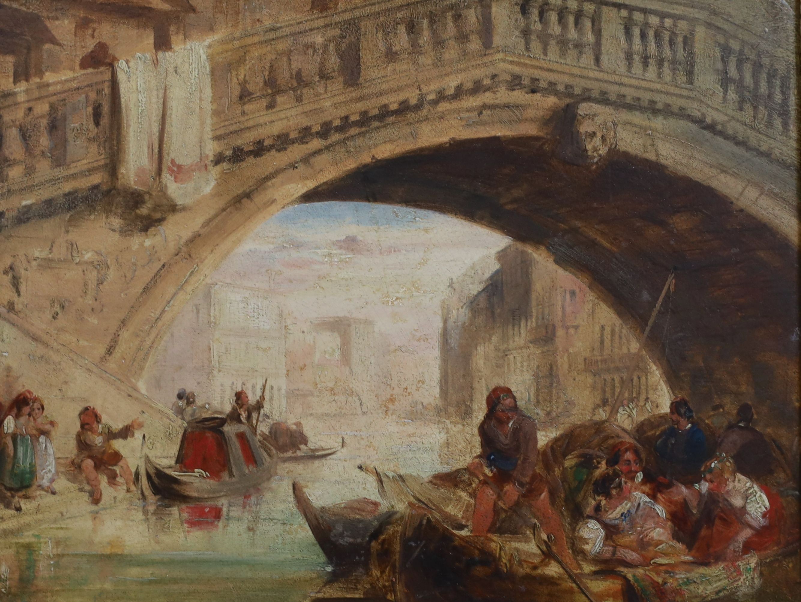 Edward Pritchett (1828-1864), Gondoliers beneath the Rialto Bridge and View along the Grand Canal, oil on mill board, a pair, 17 x 22cm